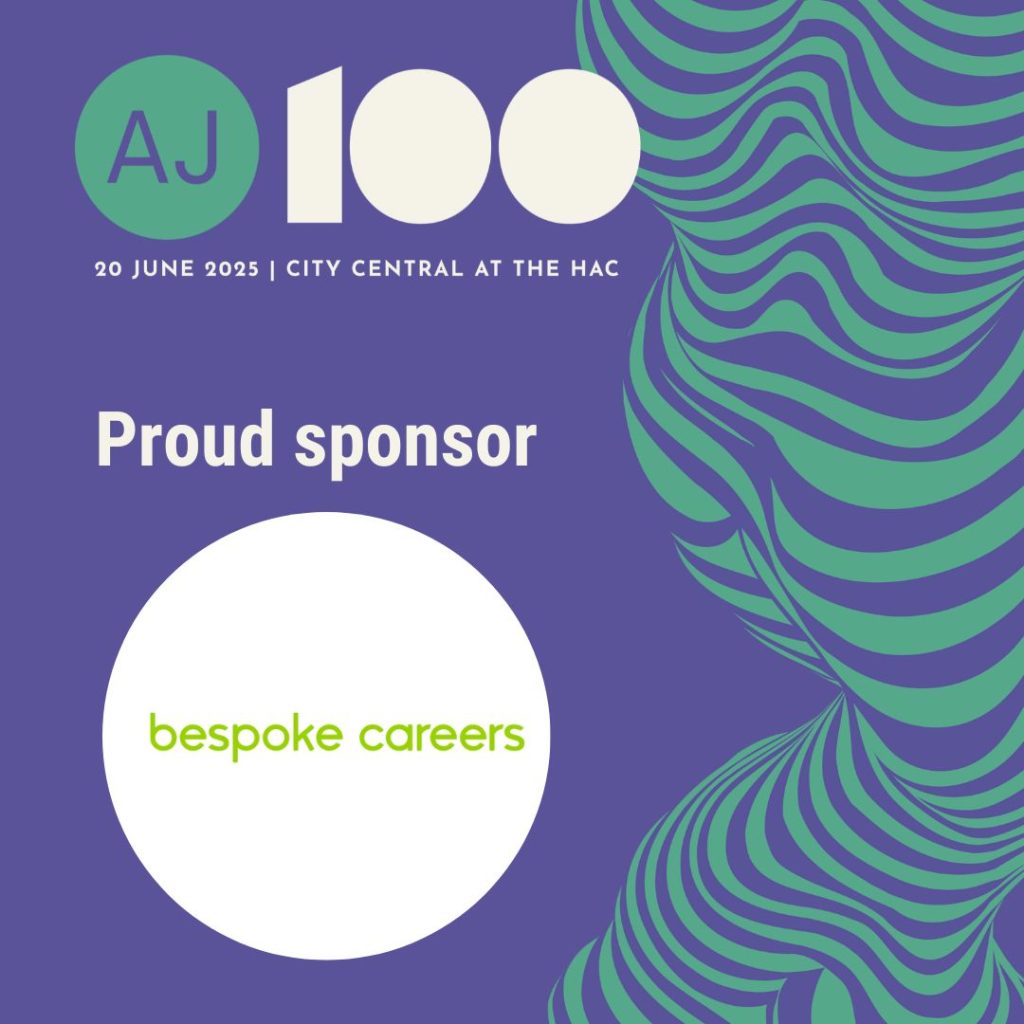 Graphic for the AJ100 event, taking place on 20 June 2025 at City Central at the HAC. The design features a purple background with green and cream abstract patterns. The AJ100 logo is displayed at the top, and the text 'Proud sponsor' appears in white. Below, a white circular area contains the 'bespoke careers' logo in green.