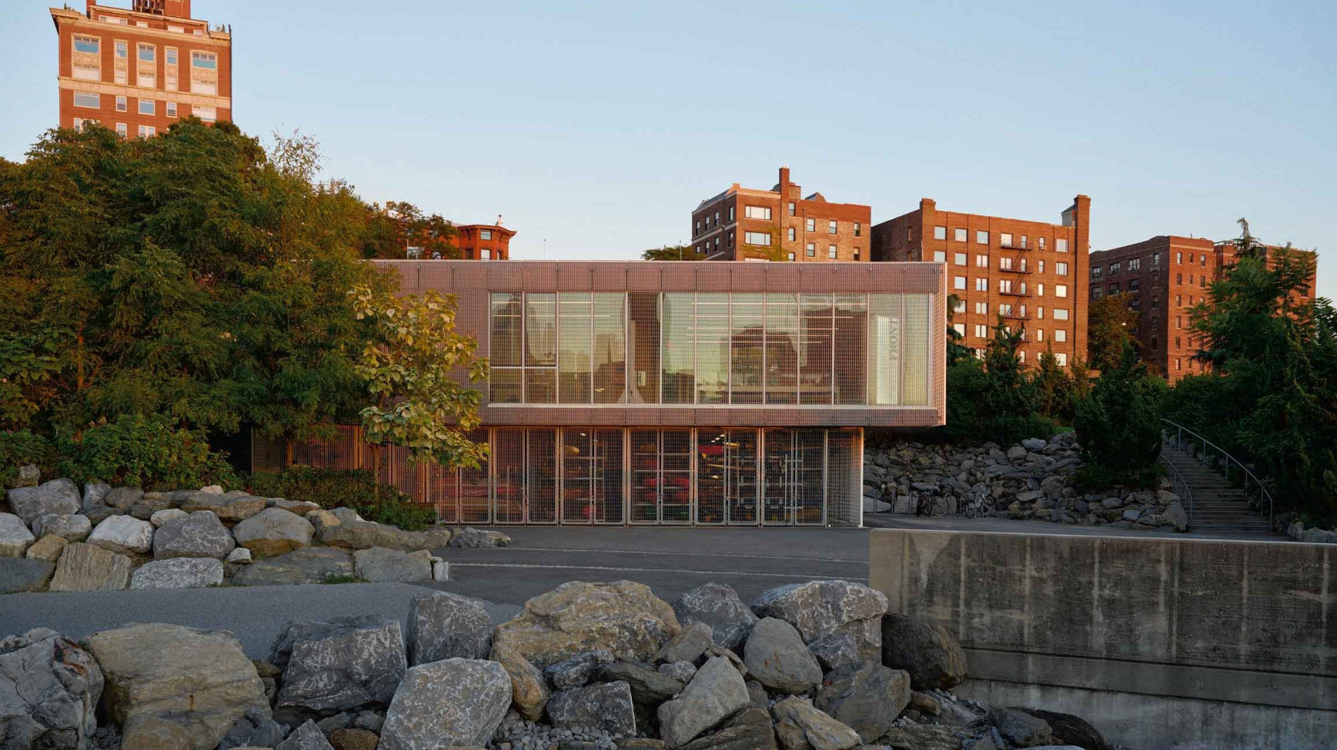 Architecture Research Office's design for the Hudson River Park Boathouse, featuring a sleek and modern aesthetic.