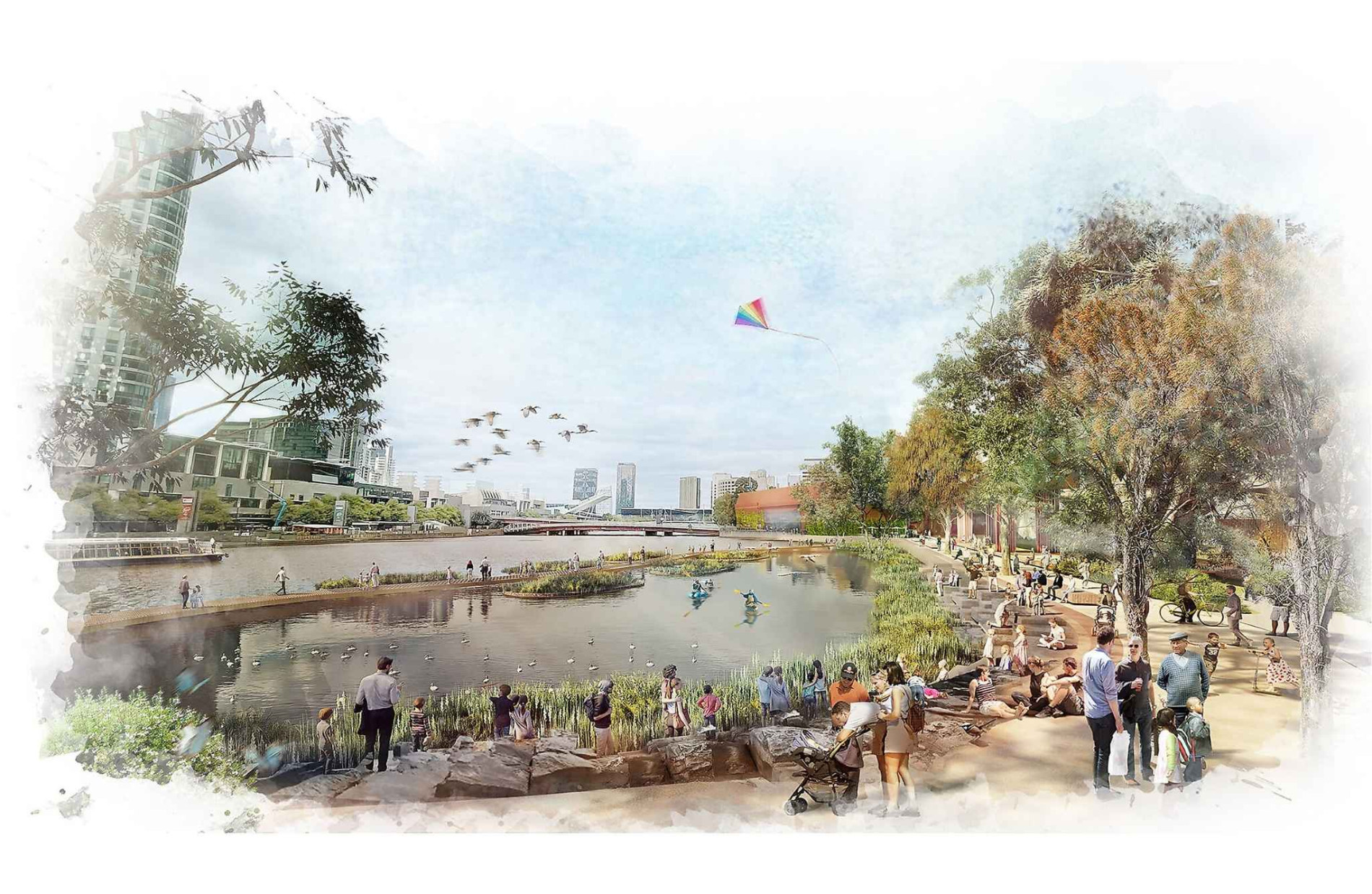 Waterfront park concept showing people gathering along a naturalized riverbank, with city skyline backdrop, kayakers, wetland plants, and a recreational path with visitors enjoying the space.