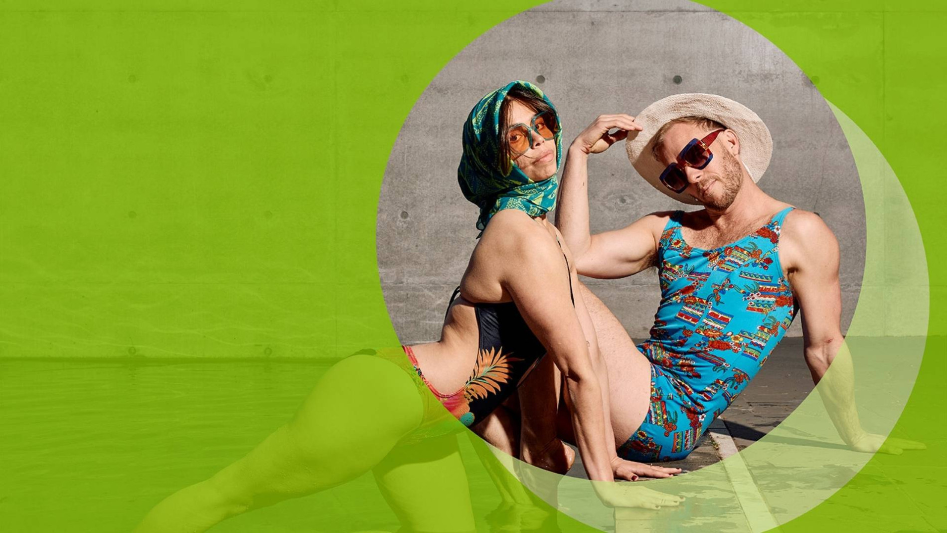 Two people in colorful summer attire striking playful poses against a concrete wall, set in a circular frame on a bright green background.