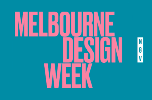 Melbourne Design Week logo. Pink on blue background