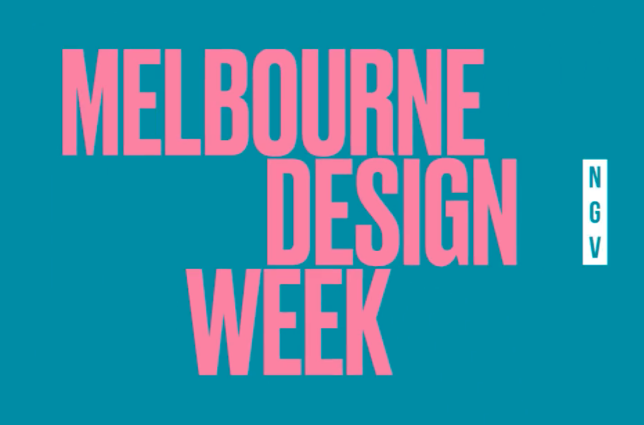 Melbourne Design Week logo. Pink on blue background