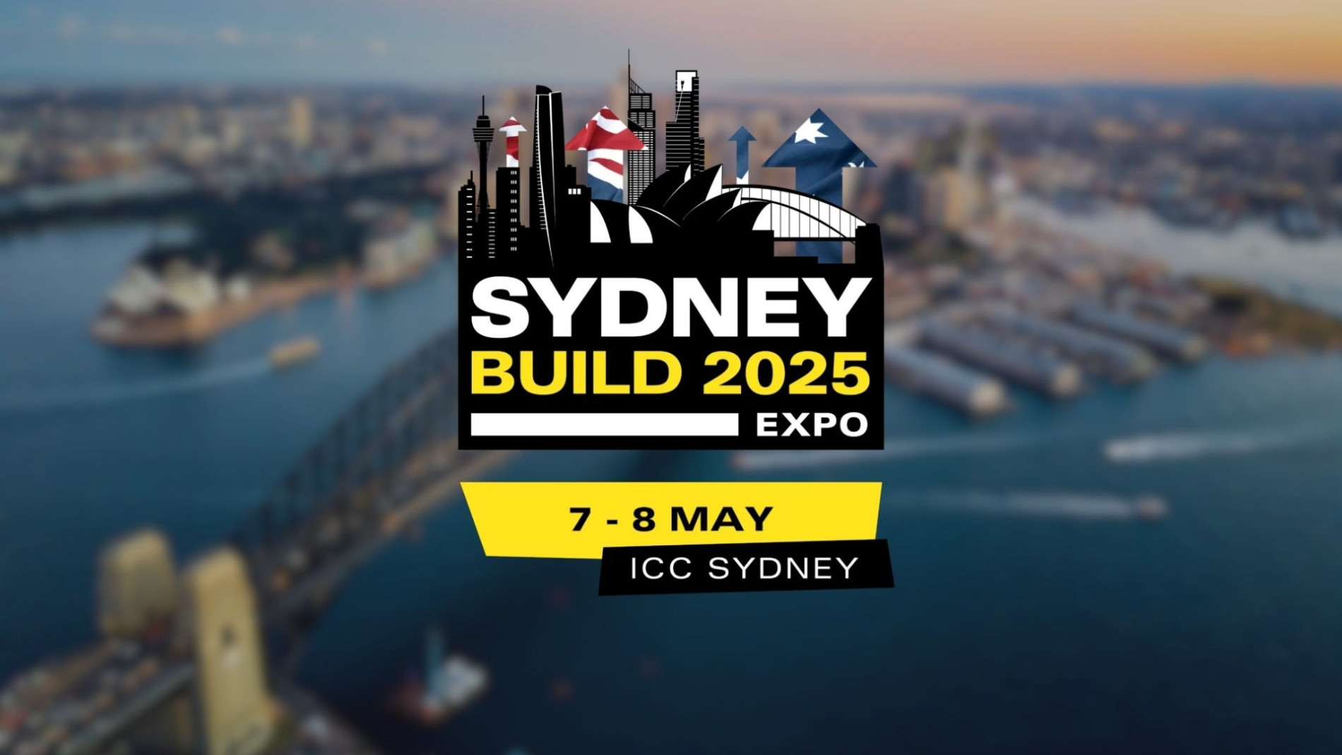 Sydney Build Expo logo set on aerial photo of Sydney city.