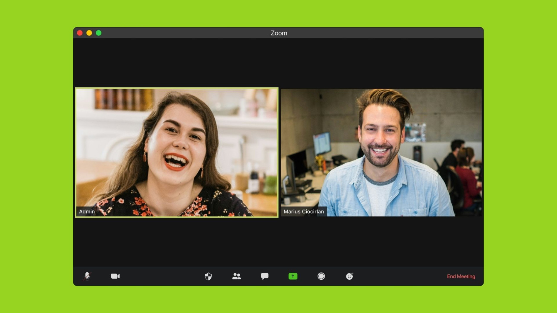 Screenshot of a Zoom video meeting featuring two smiling participants. The left participant is a woman with long hair, wearing a floral top, labeled as 'Admin.' The right participant is a man with short hair and a beard, wearing a light blue shirt, labeled as 'Marius Ciocirlan.' Both appear engaged and happy, with a bright green background framing the screen.