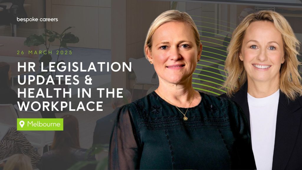 Merilyn Speiser (left) and Dr Kirsten Brown (right) in a promotional image for the HR Legislation Updates and Health in the Workplace event on 26 March 2025 in Melbourne, hosted by Bespoke Careers.