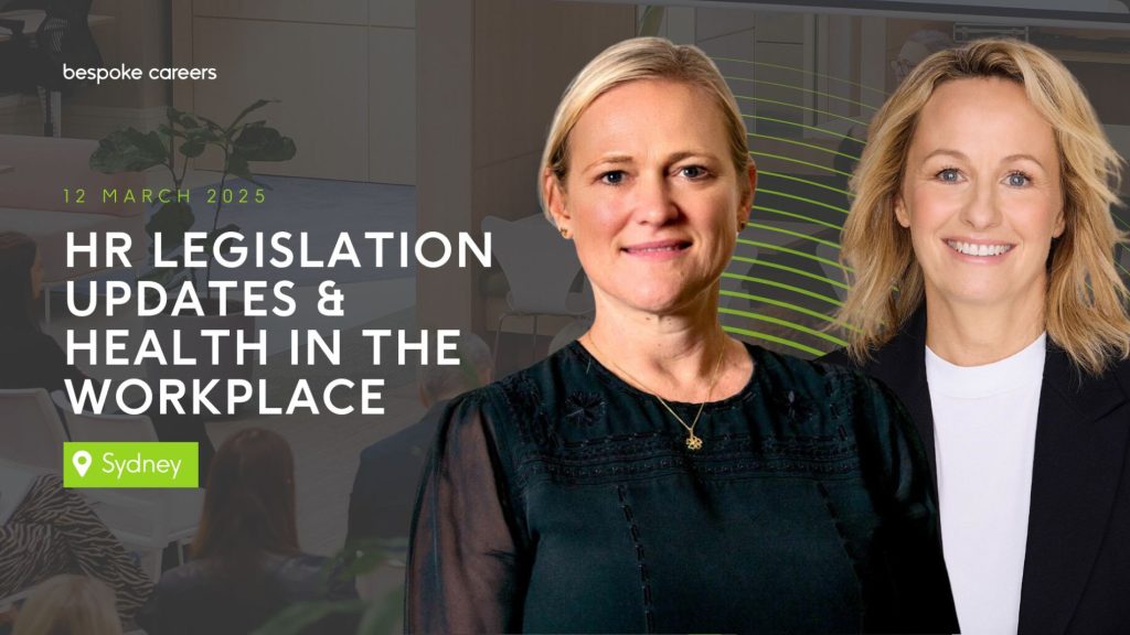 Merilyn Speiser (left) and Dr Kirsten Brown (right) in a promotional image for the HR Legislation Updates and Health in the Workplace event on 12 March 2025 in Sydney, hosted by Bespoke Careers.