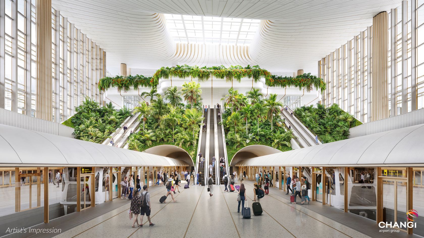 Artist’s impression of Changi Airport’s terminal interior, showcasing a light-filled space with tall glass windows, lush indoor greenery, and a central bank of escalators rising through a tropical garden. Passengers walk along a sleek transit platform beside an automated train, beneath a curved white canopy.
