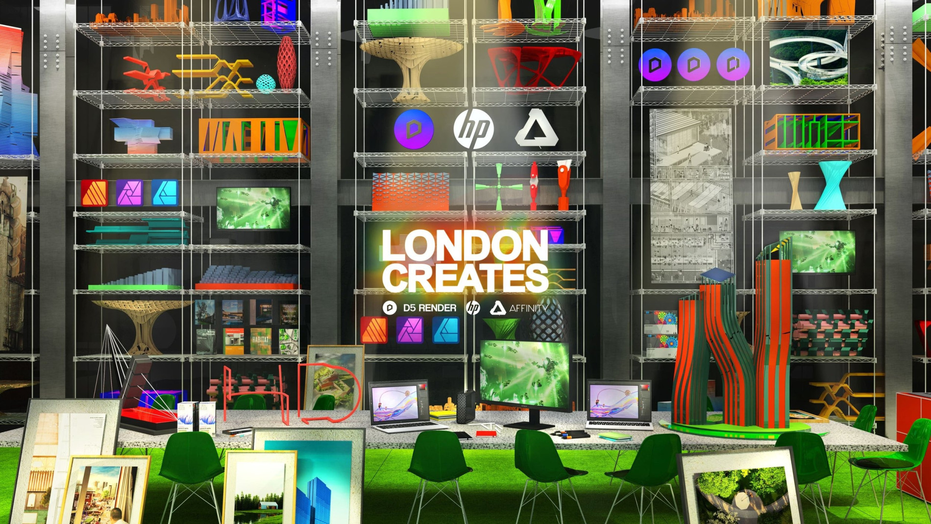 A rendered image of different design objects / installations.