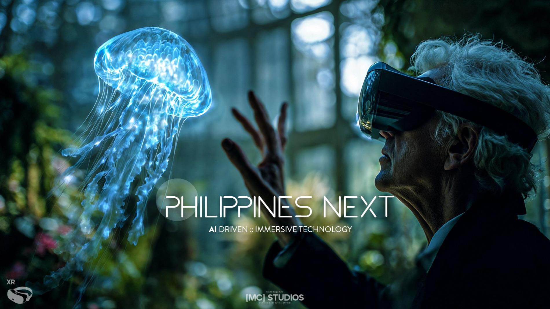 Elderly man wearing VR headset reaches toward a glowing holographic jellyfish in a lush environment, symbolising immersive AI-driven virtual reality technology. Text overlay reads “Philippines NEXT – AI Driven Immersive Technology.”