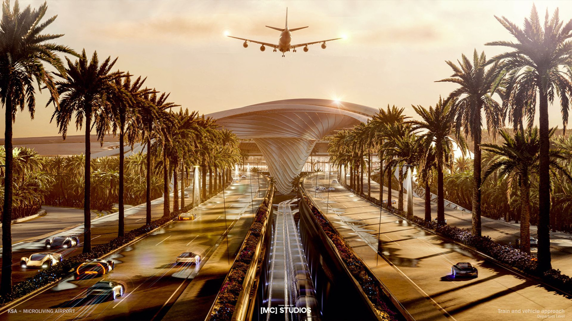 Futuristic airport design in Saudi Arabia by MC Studios, featuring a sculptural central terminal with a spiralling roof, palm-lined approach roads, cars and autonomous vehicles, with a plane taking off above during sunset.