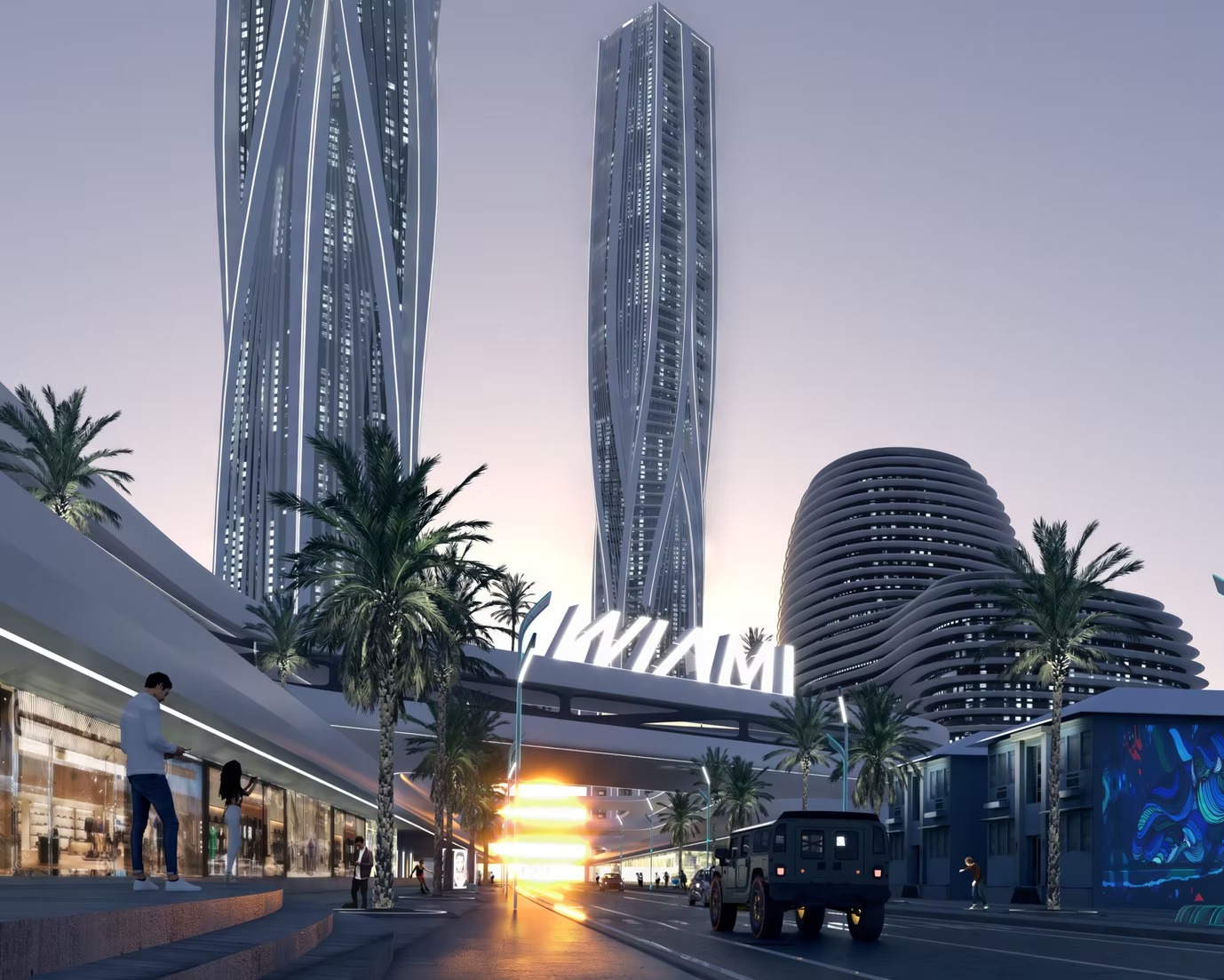 Futuristic digital cityscape featuring tall twisting skyscrapers, palm trees, and curved, layered buildings at sunset, with a glowing sign reading “Wiami.” Designed as a virtual twin of Miami for the Web3 company Wilder World.