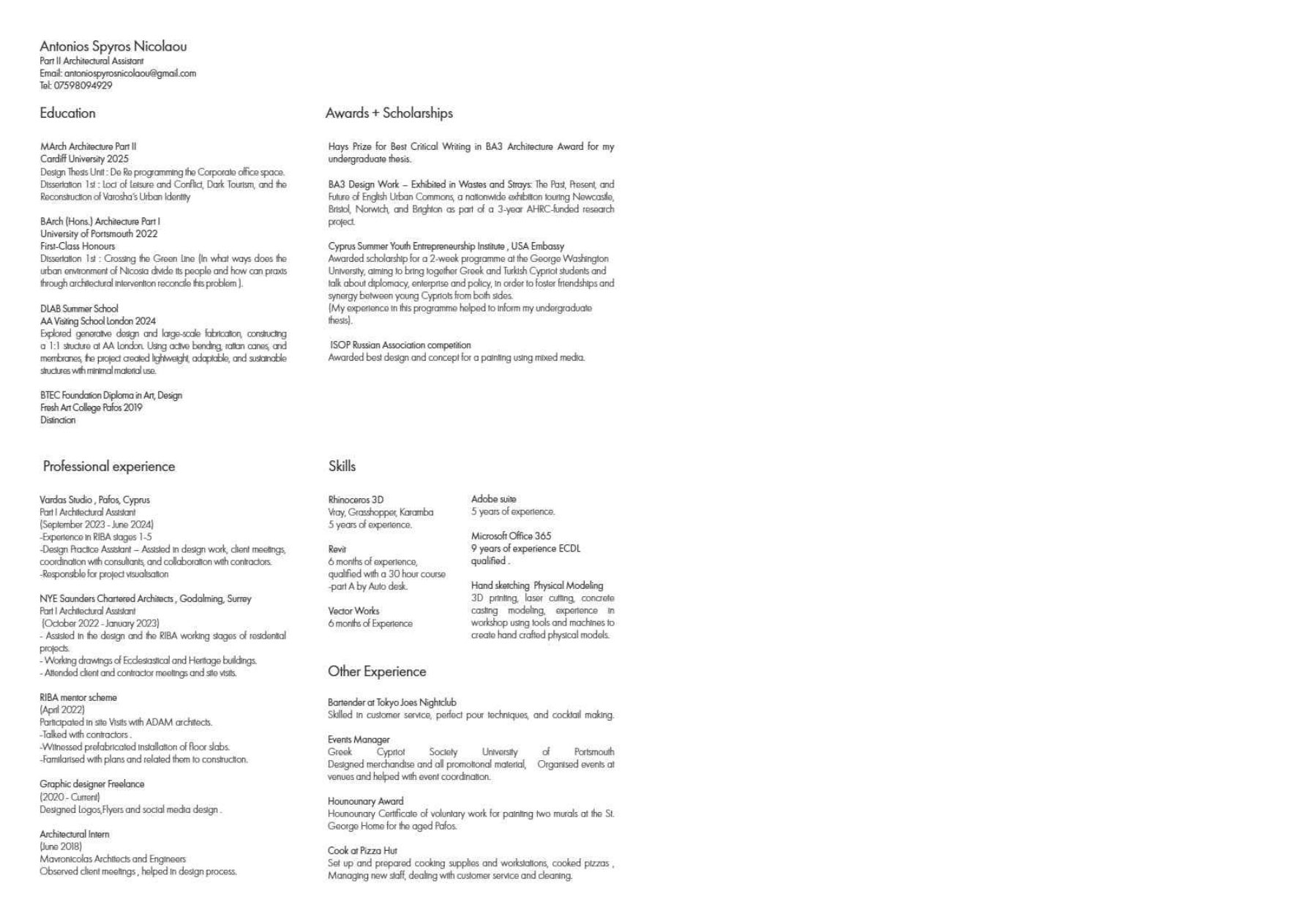 architecture portfolio CV page example with software skills listed in plain text for ATS