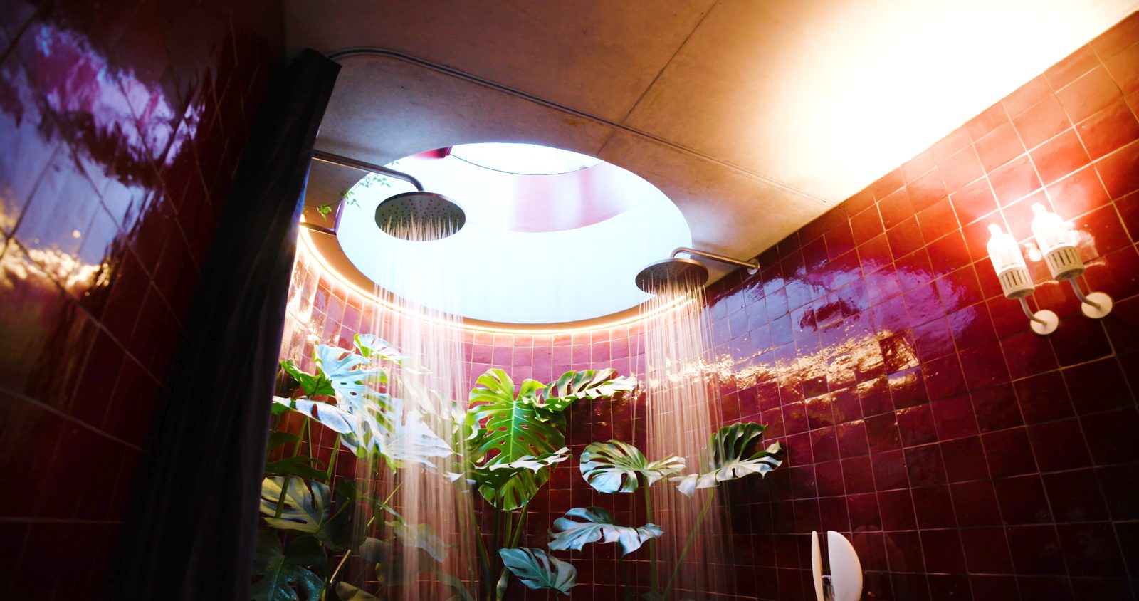 The red tiled ensuite with skylight