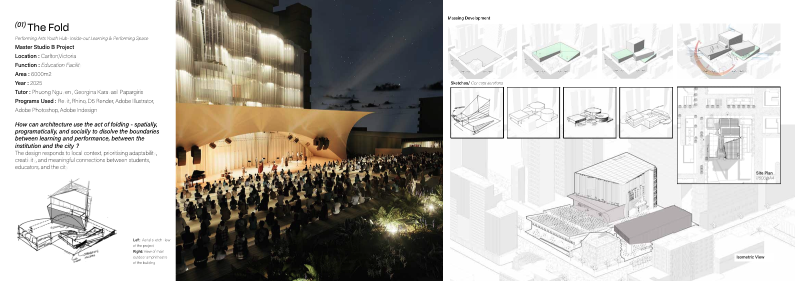 architecture portfolio process page with sketches diagrams and renders