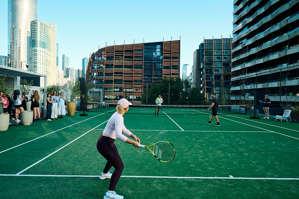 A rally at the Bespoke rooftop tennis tournament