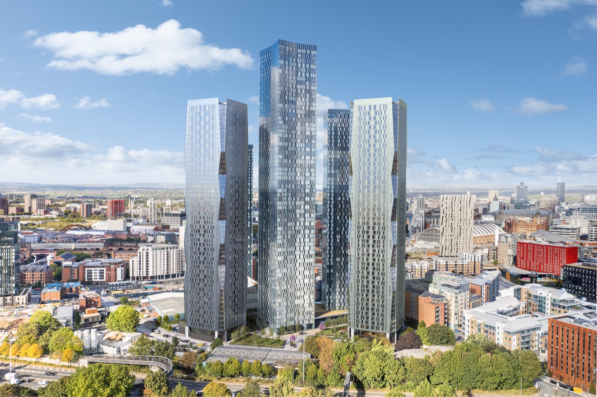 Contour with Deansgate Square, aerial render