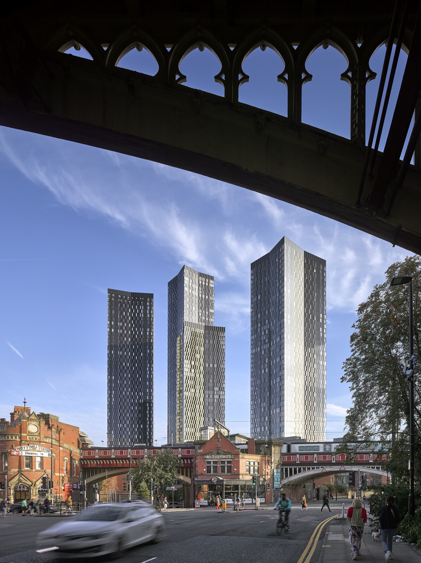 Deansgate Square seen through the Castlefield viaduct