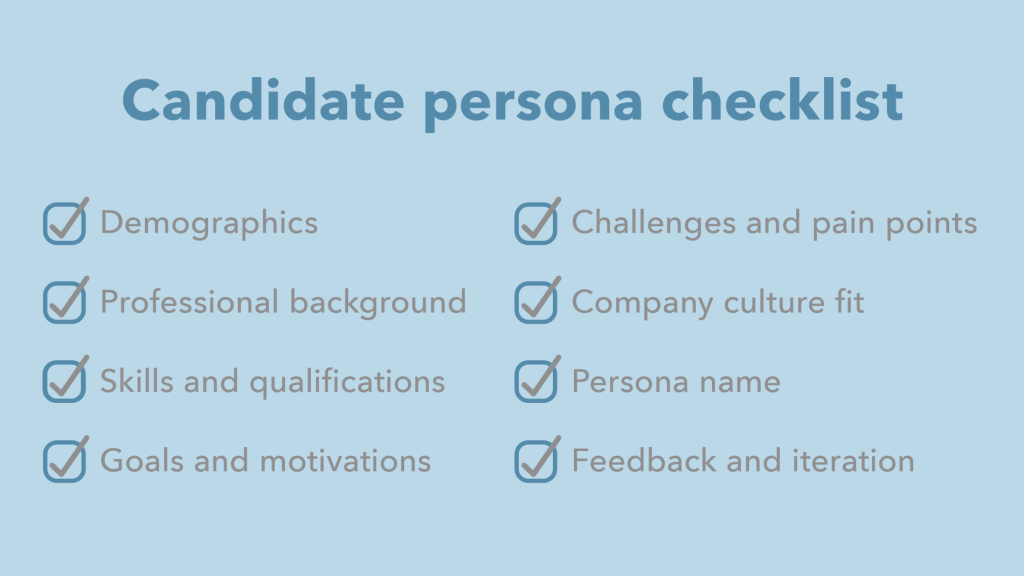 A light blue graphic with grey text. It is titled 'Candidate persona checklist' and there are several different points with tick boxes next to them. The points on the checklist are: demographics, professional background, skills and qualifications, goals and motivations, challenges and pain points, company culture fit, persona name and feedback iteration.